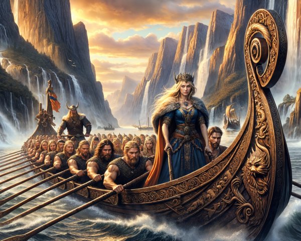 Viking Longship in Fjord with Female Leader at Sunset