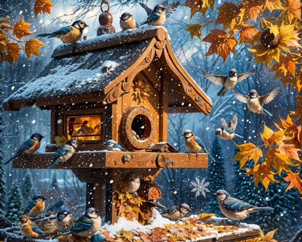 Wooden Birdhouse Surrounded by Snowy Autumn Scene