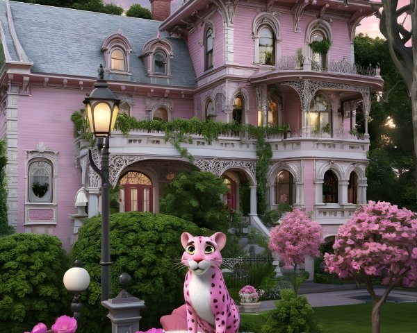 Whimsical Pink Mansion Surrounded by Lush Greenery