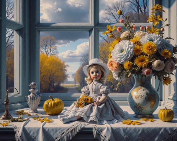 Autumn Scene with Vintage Doll and Floral Decor