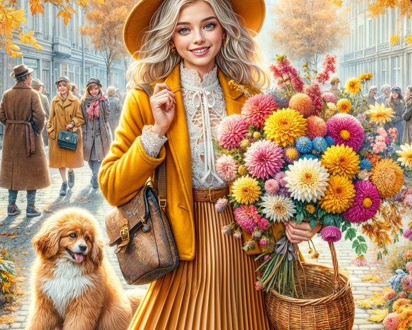 Young Woman with Flowers in Autumn Setting