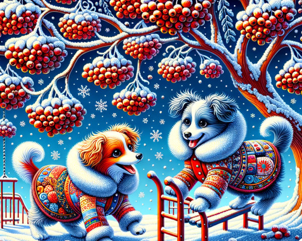 Playful Dogs in Snowy Landscape with Red Berries