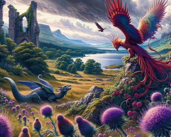 Phoenix and Dragon in a Vibrant Fantasy Landscape