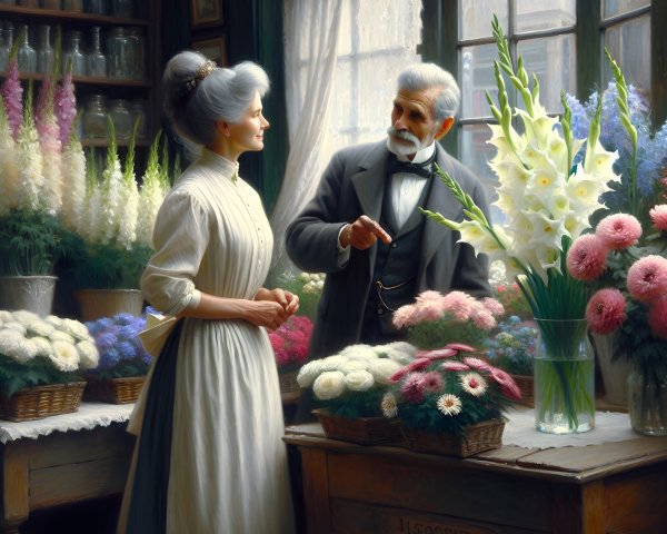 Flower Shop Scene with Vibrant Blooms and Conversation