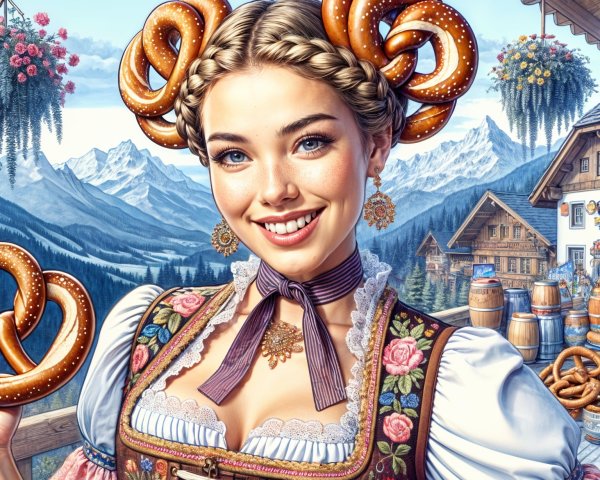 Bavarian Outfit with Floral Embroidery and Pretzel