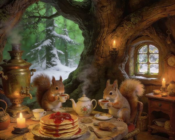 Anthropomorphic Squirrels at a Cozy Tea Party