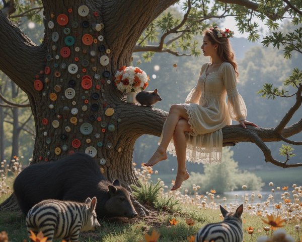 Young Woman in Cream Dress Surrounded by Nature