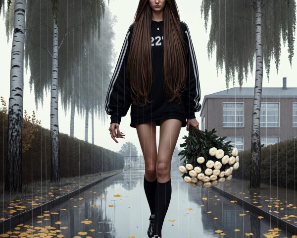 Tall figure in black sweatshirt walks rain-soaked street