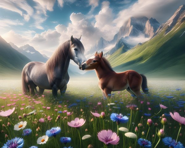 Horses in a Vibrant Meadow with Wildflowers and Hills