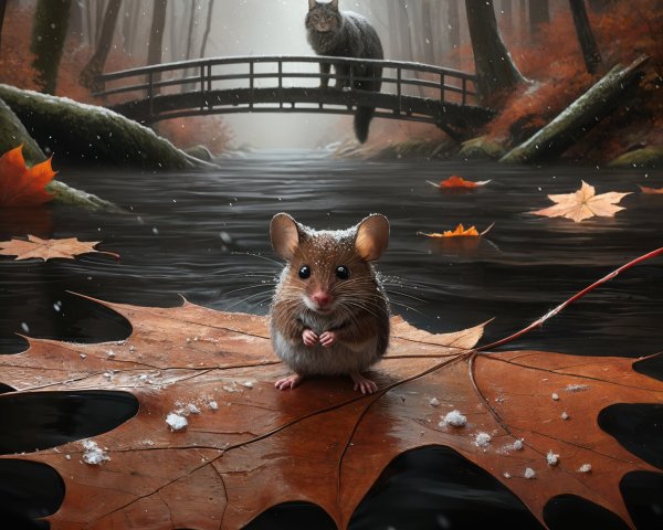 Mouse on Autumn Leaf with Cat in Misty Forest