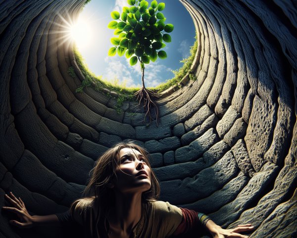 Young Woman in Well with Tree Symbolizing Hope