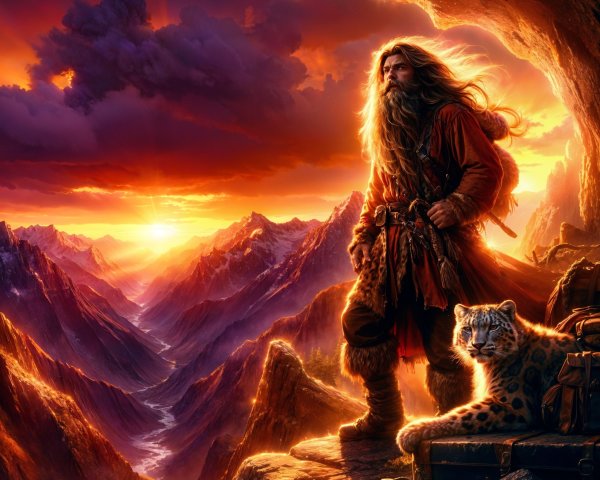 Warrior and Leopard Overlooking Mountain Valley at Sunset