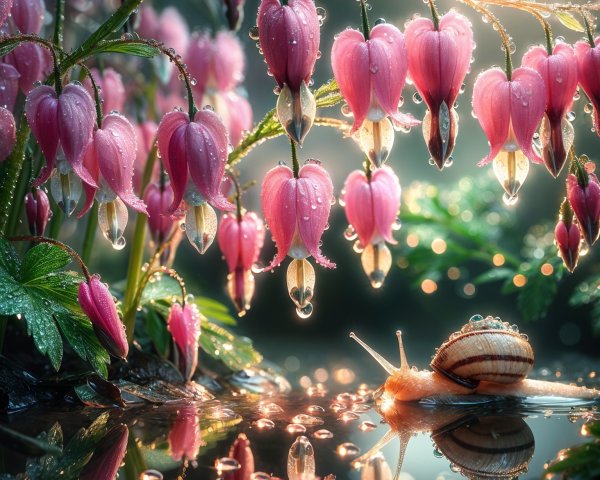 Serene Scene of Pink Heart-Shaped Flowers and Snail