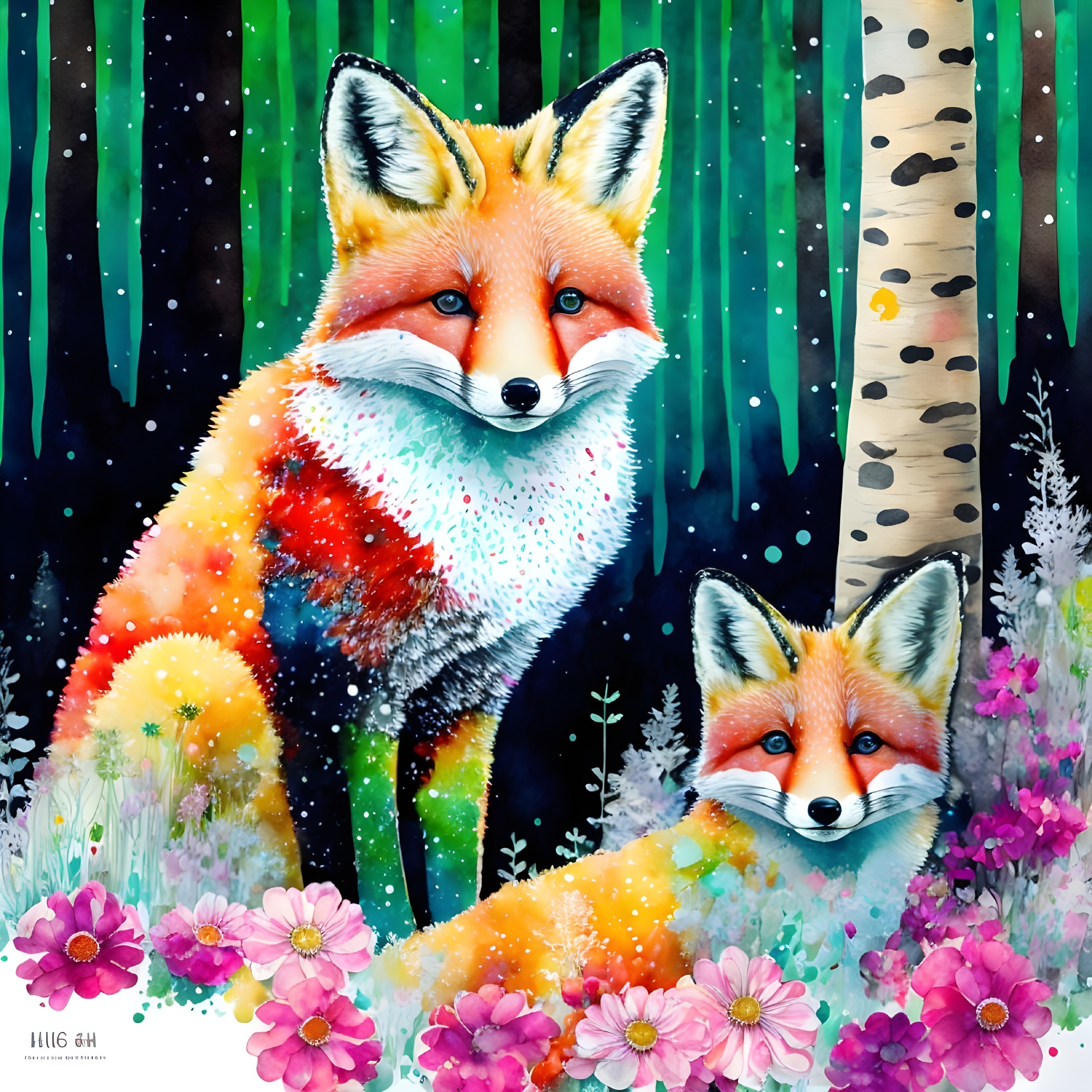 Vibrant Foxes in a Mystical Forest Setting