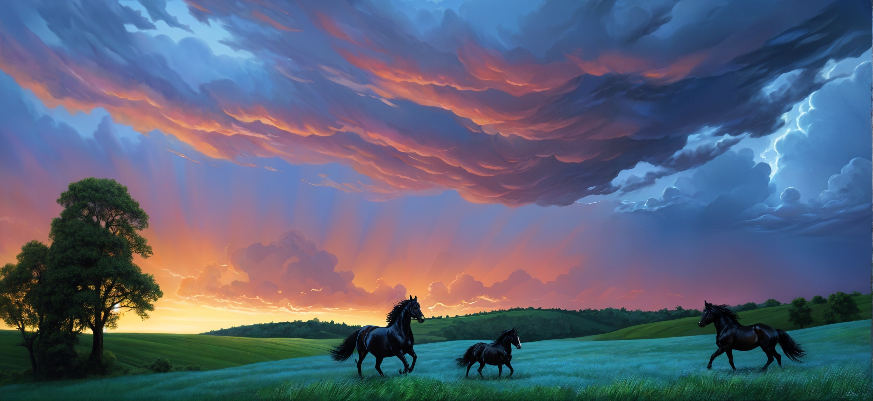 Twilight Landscape with Galloping Horses and Clouds