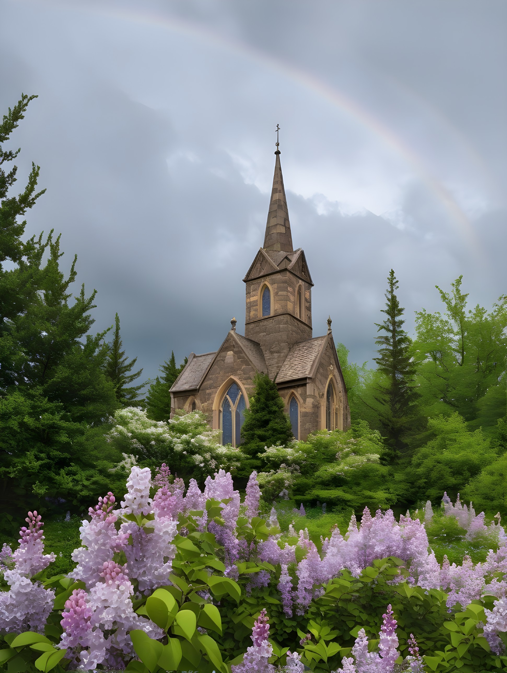 Charming Church Surrounded by Lush Greenery and Flowers