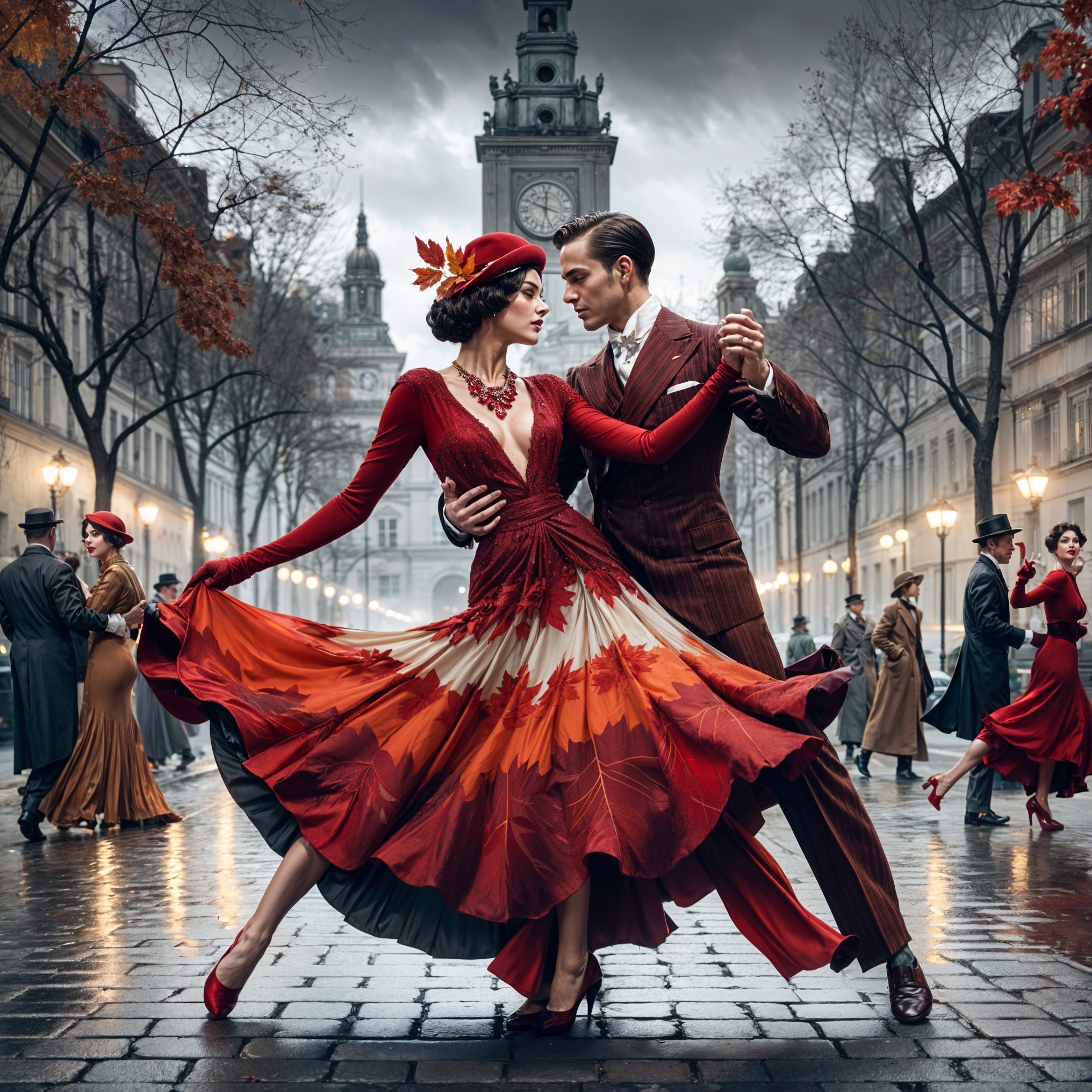 Couple Dancing in Vintage Street with Autumn Leaves
