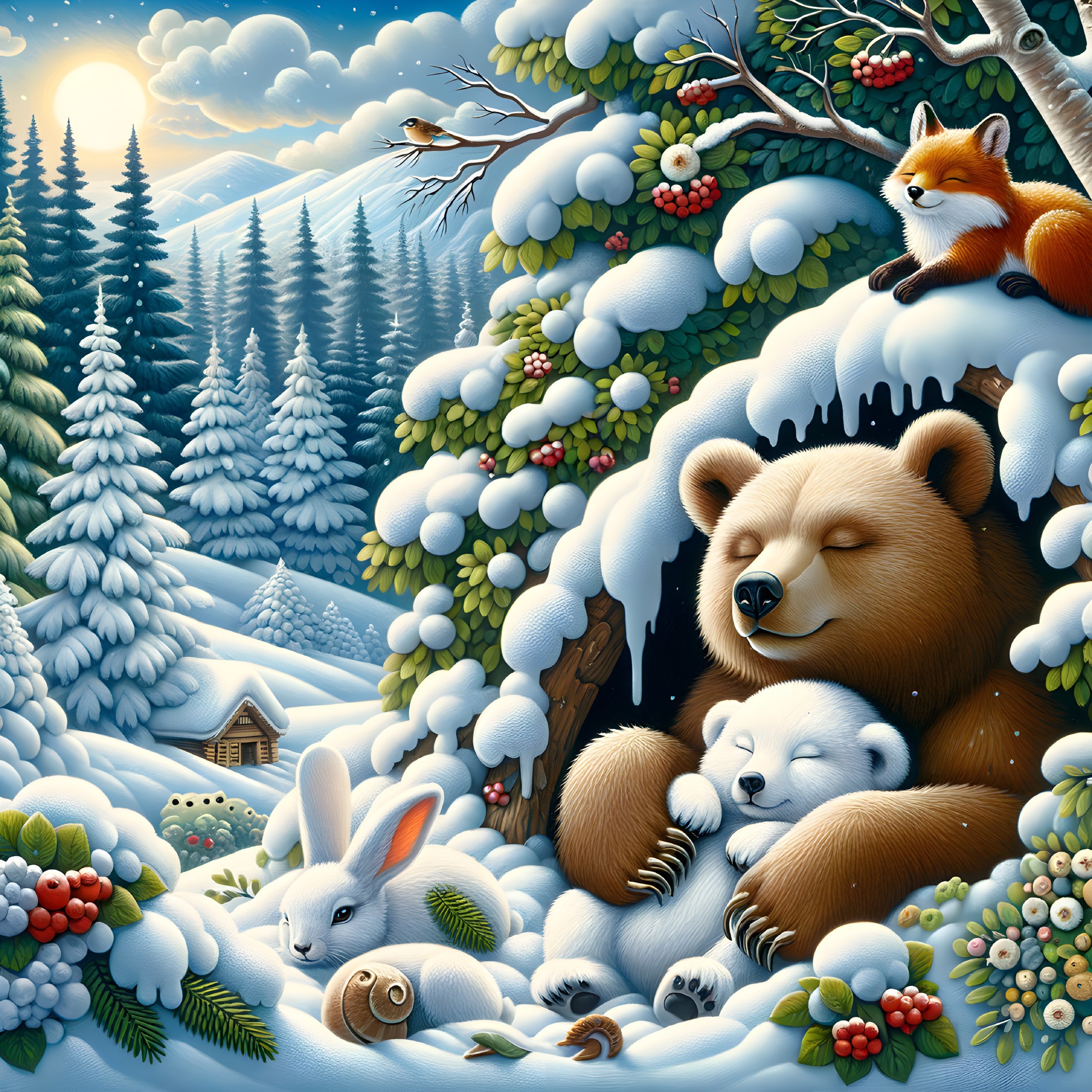 Winter Scene with Bear, Cub, and Wildlife in Nature