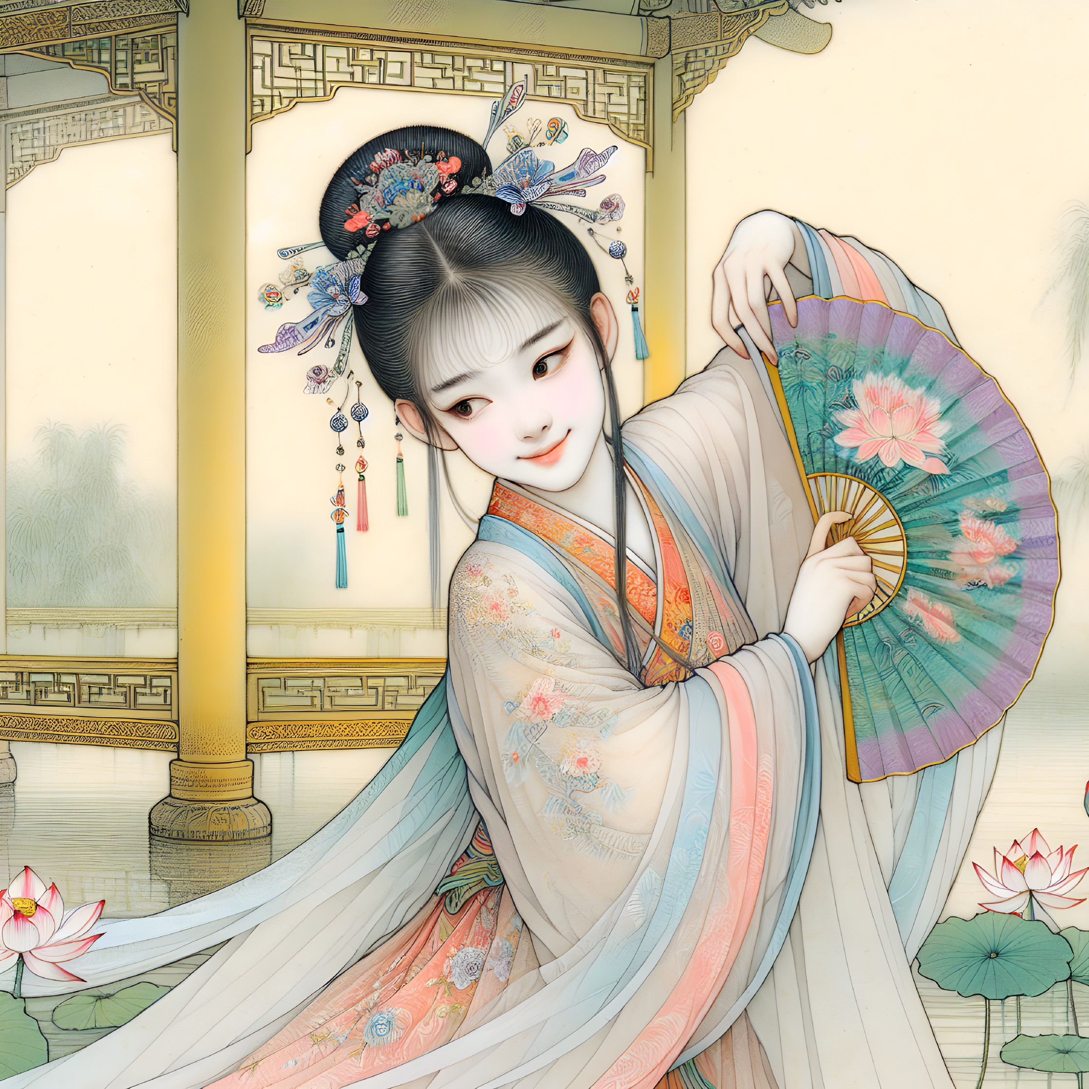 Traditional Gown and Fan by Tranquil Lotus Pond