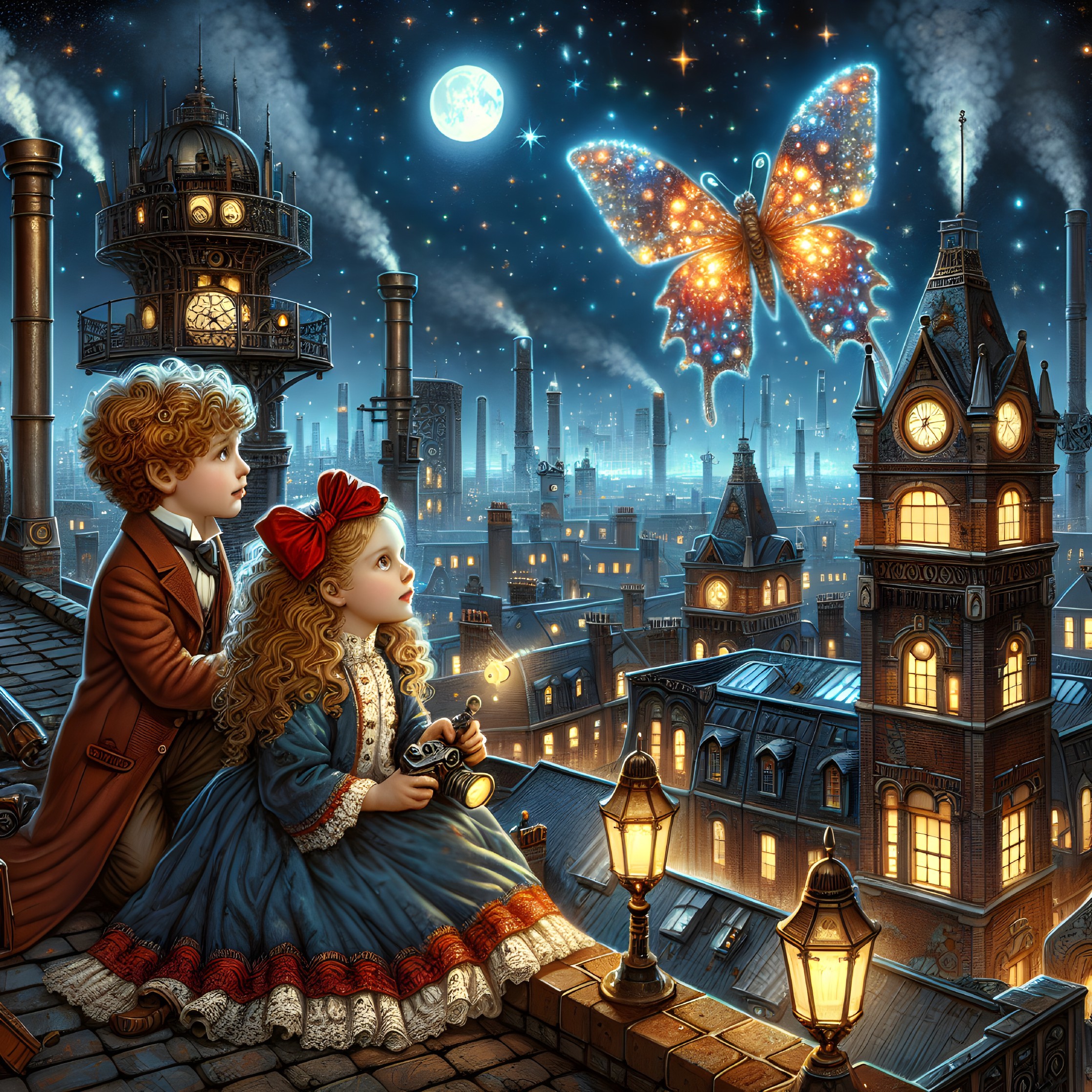 Whimsical Cityscape with Children and Colorful Butterfly
