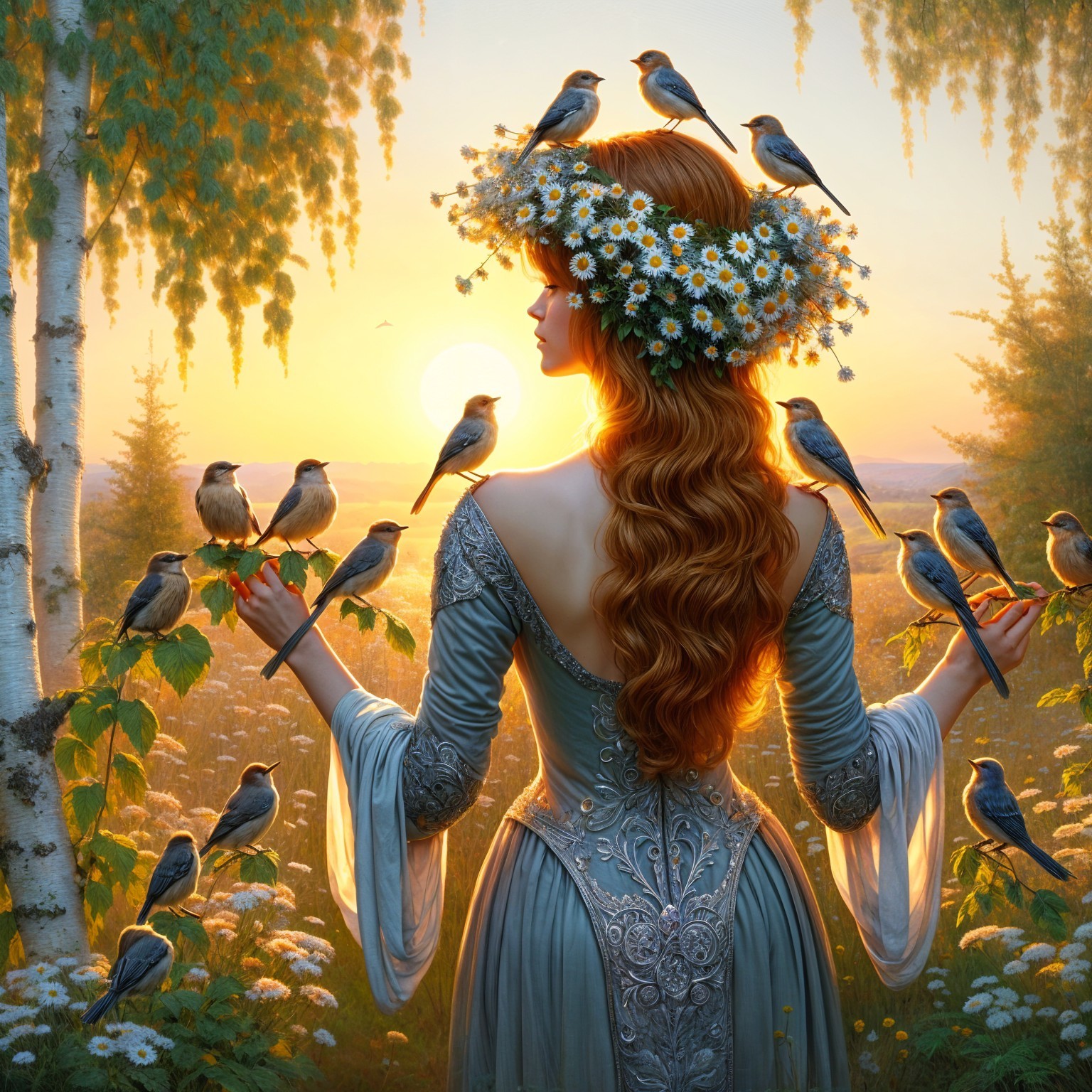 Woman in Gown Surrounded by Sunrise and Birds