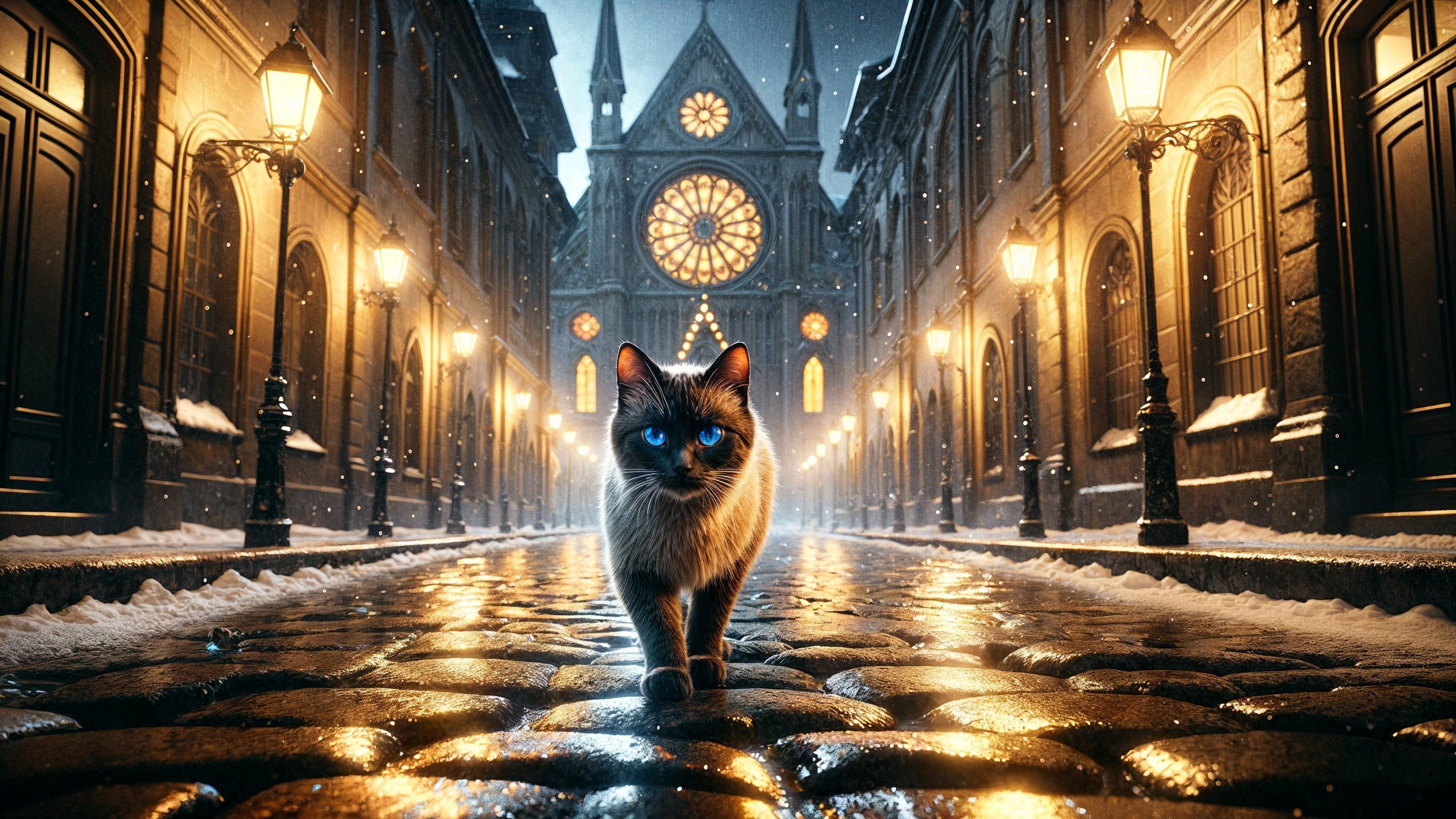 Charming Cat on Cobblestone Street with Lanterns and Snow