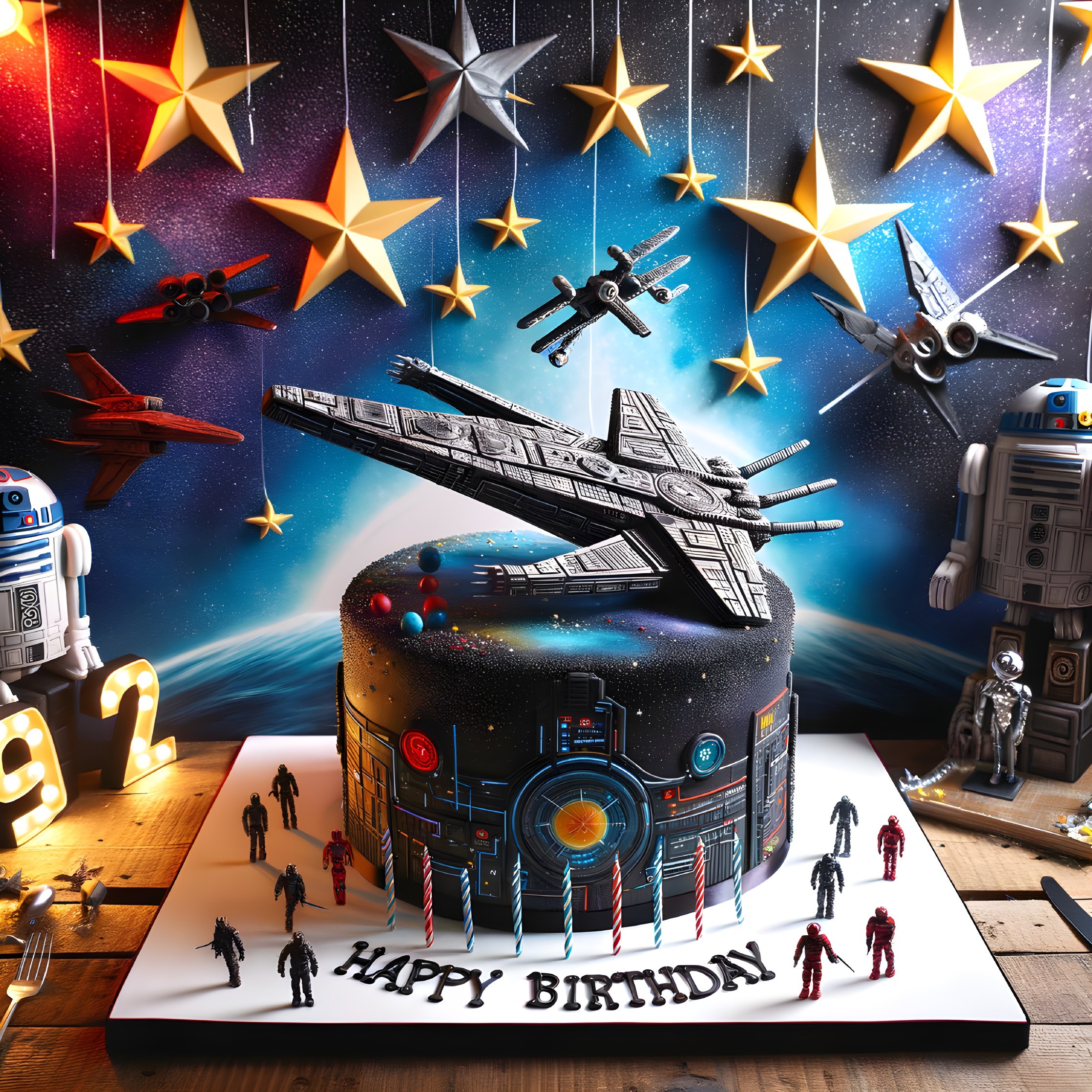 Space-Themed Birthday Cake with Spaceship and Planets