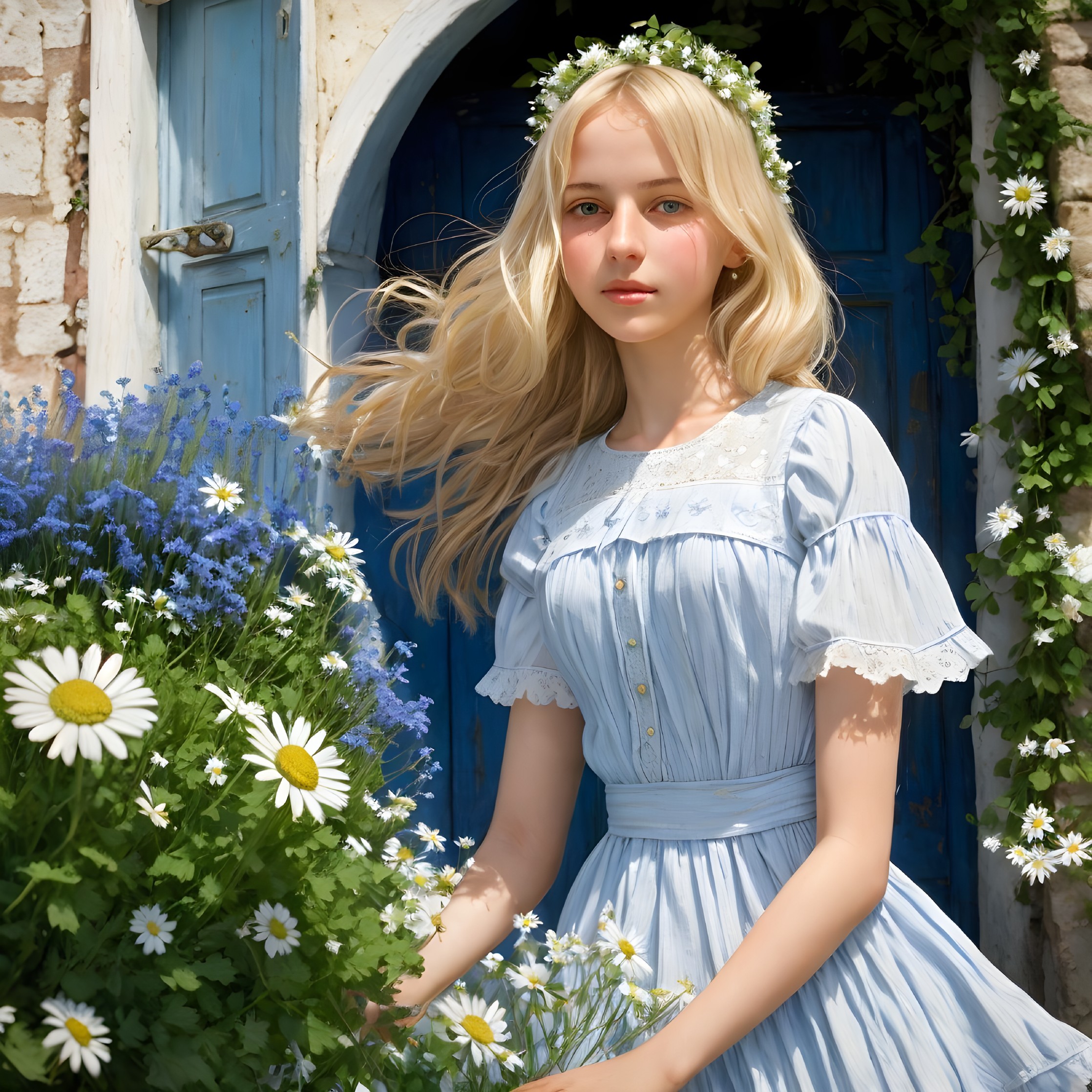 Woman in blue dress with floral wreath by door