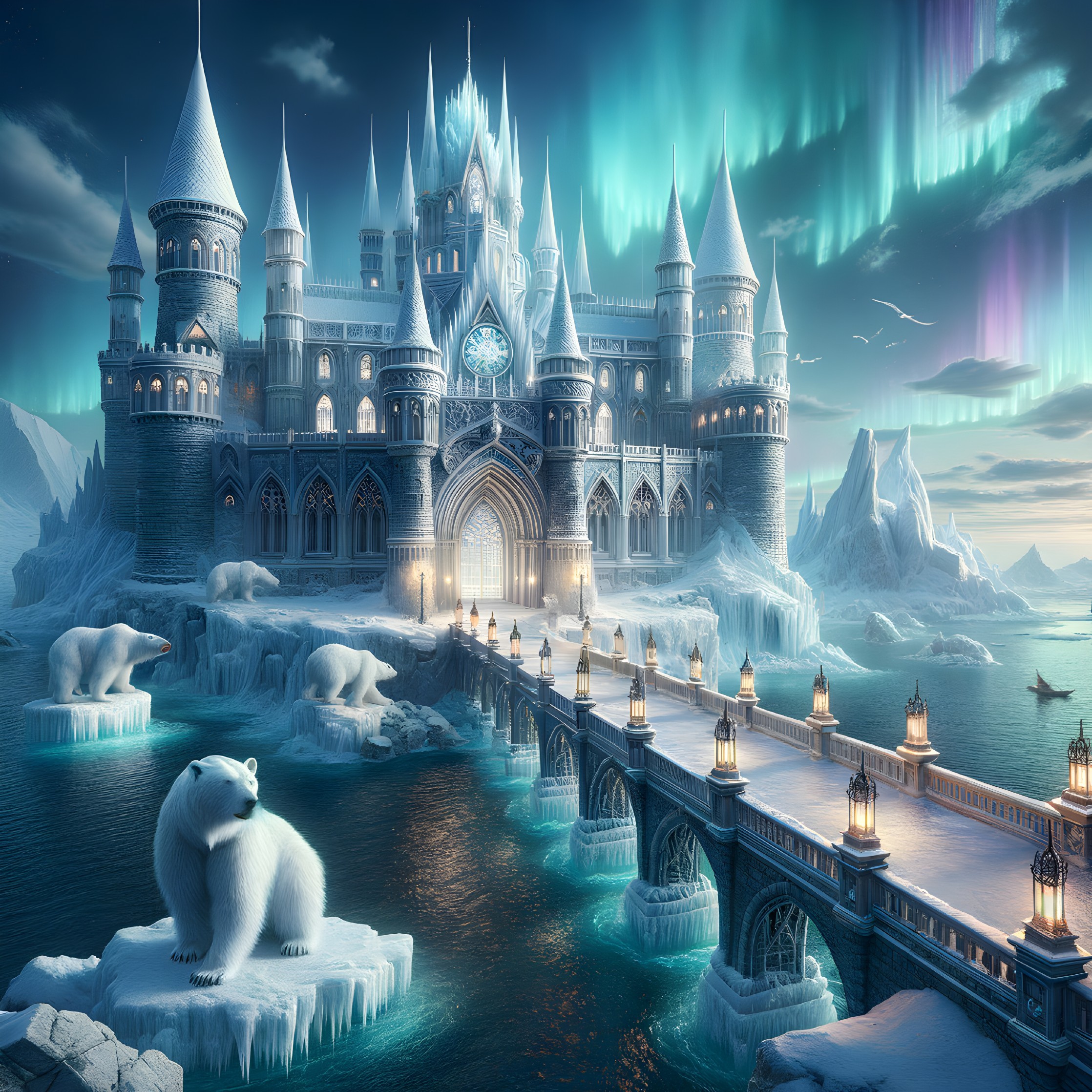 Majestic Ice Castle Amidst Northern Lights and Nature