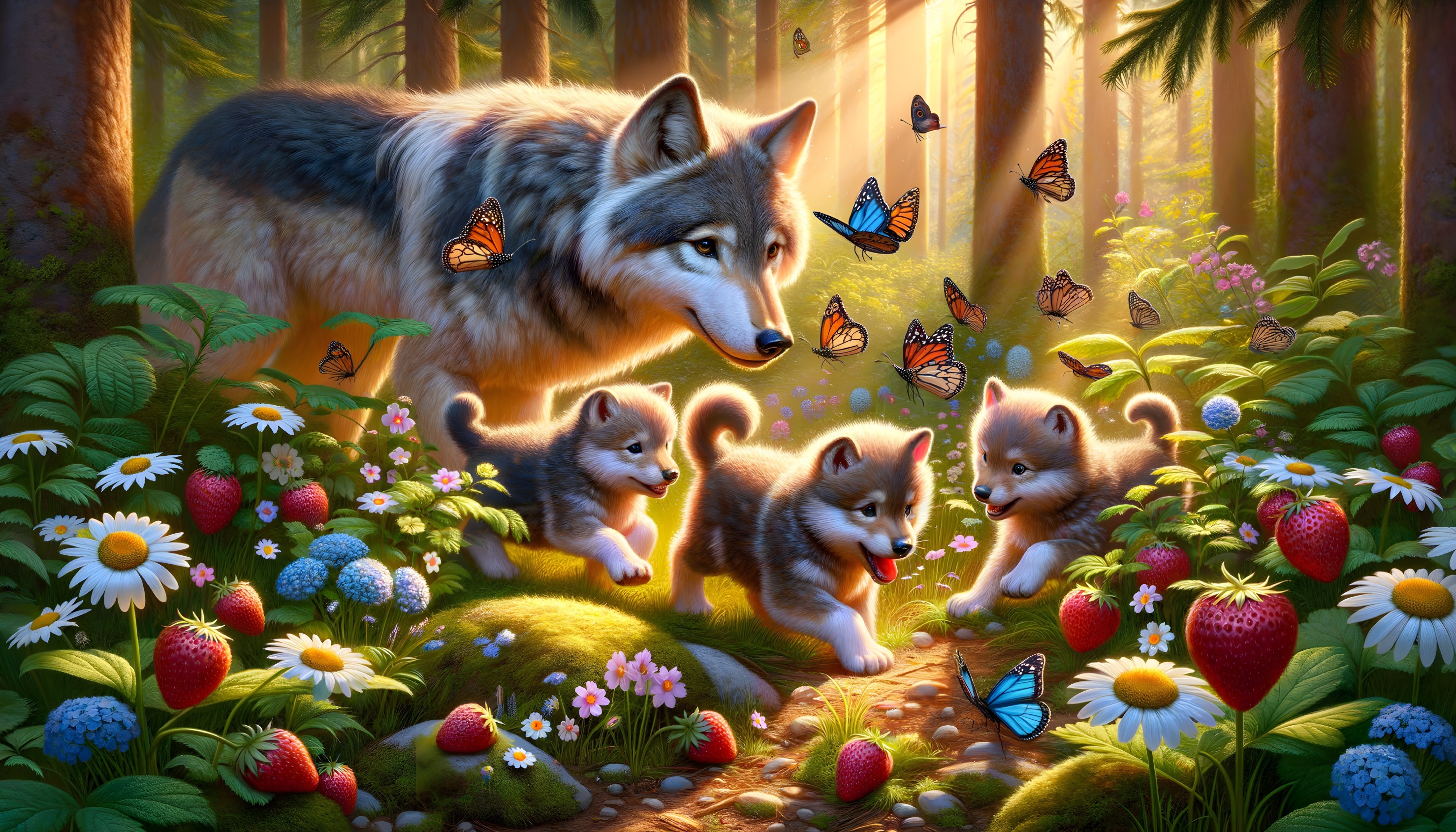 Mother Wolf and Pups in a Colorful Meadow