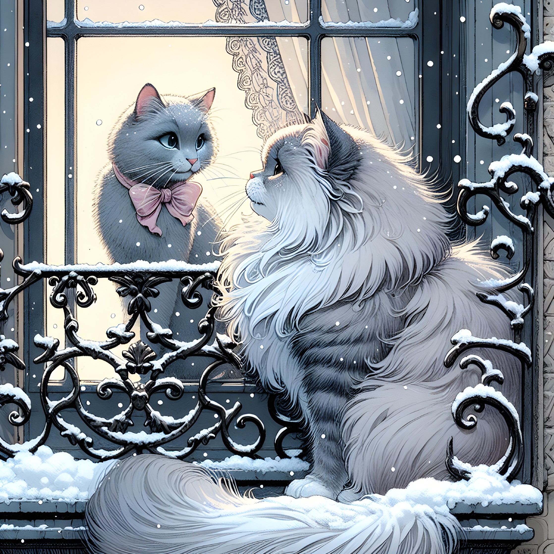 Fluffy White Cat on Snowy Balcony with Gray Cat