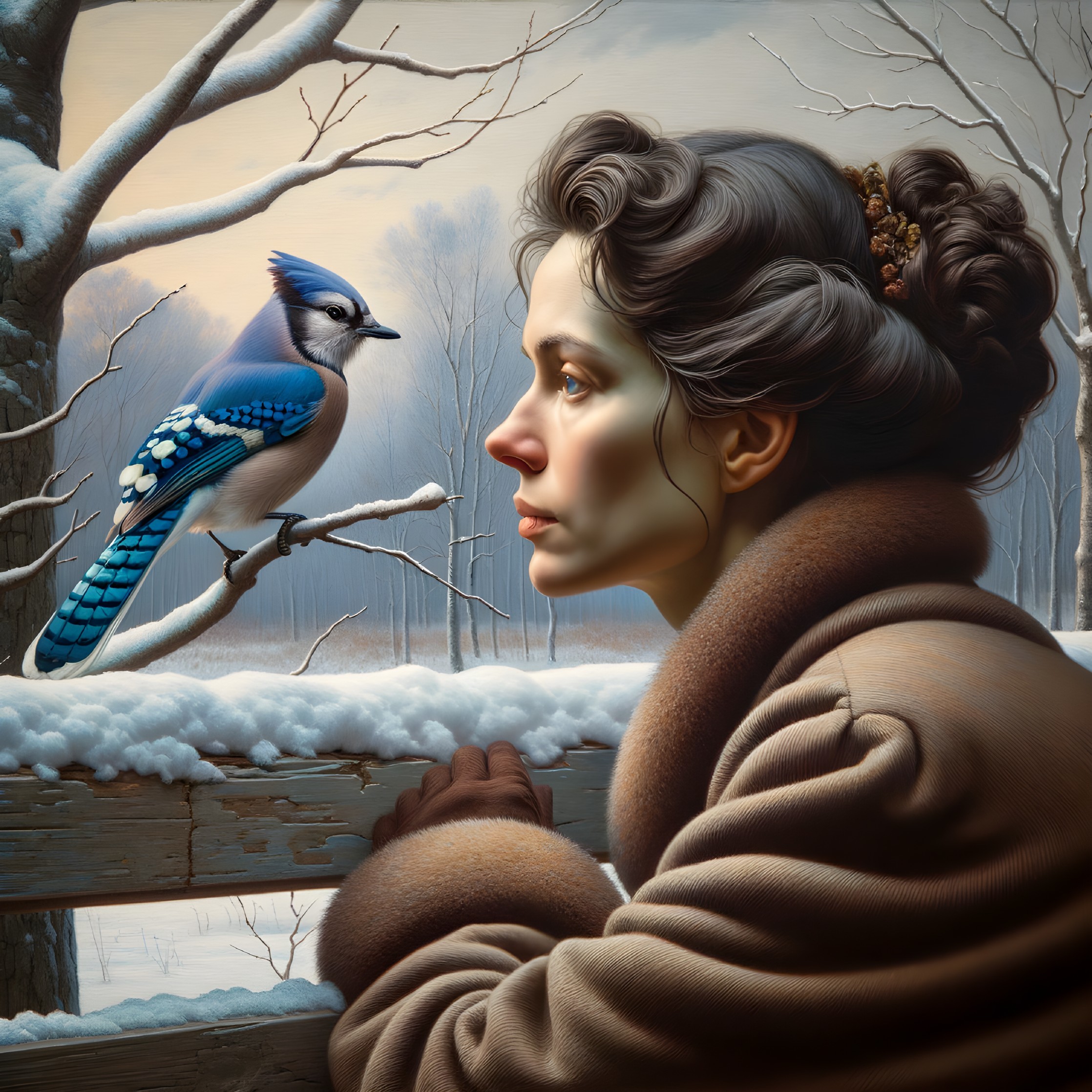 Woman in Fur Coat with Blue Jay in Winter Scene