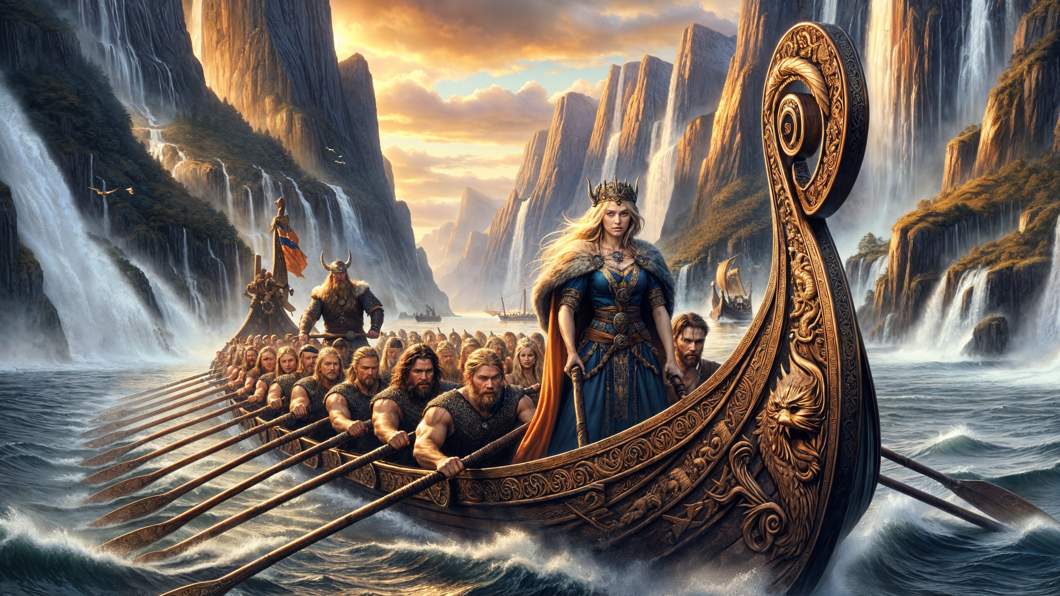 Viking Longship in Fjord with Female Leader at Sunset
