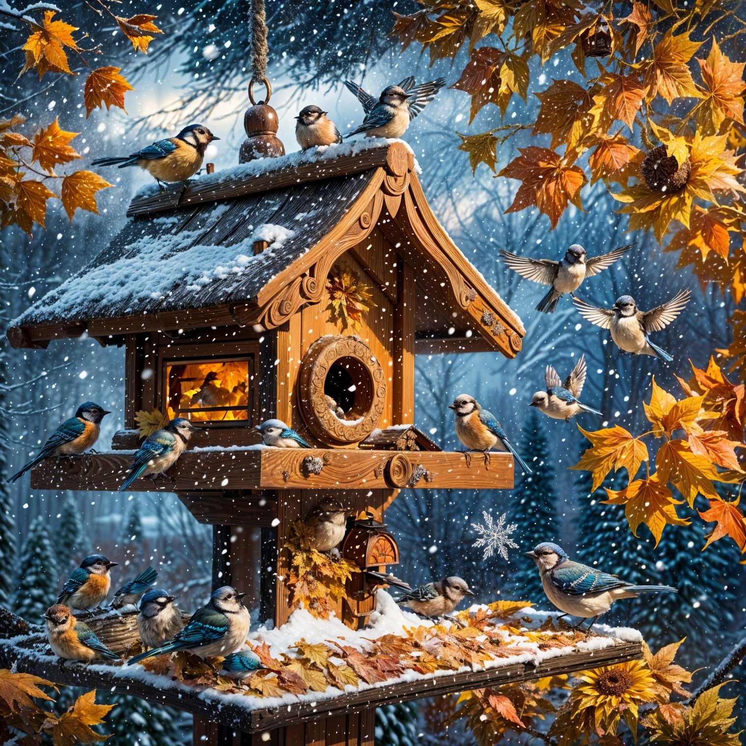 Wooden Birdhouse Surrounded by Snowy Autumn Scene