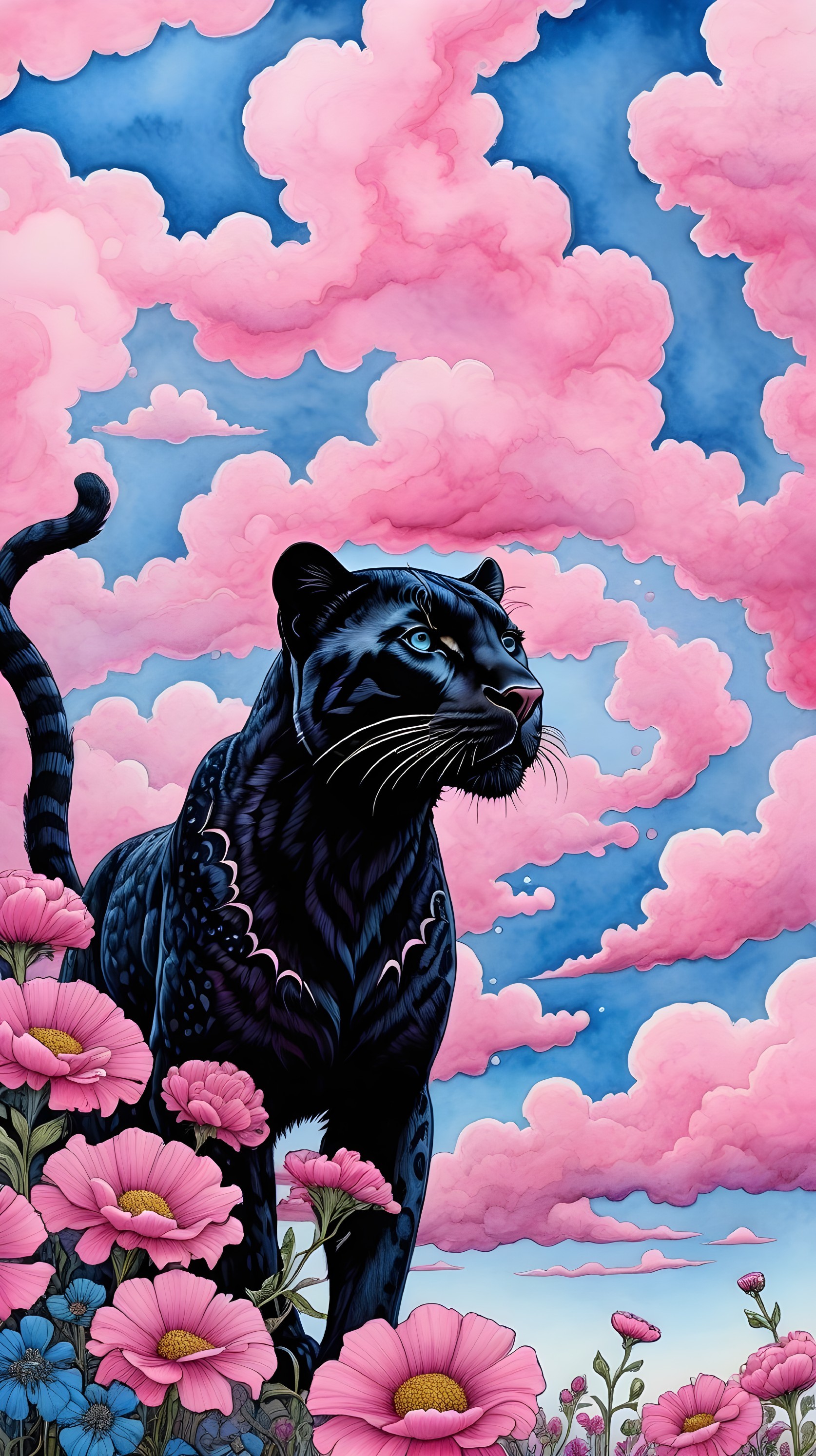 Black Panther Among Pink Flowers and Dreamlike Sky