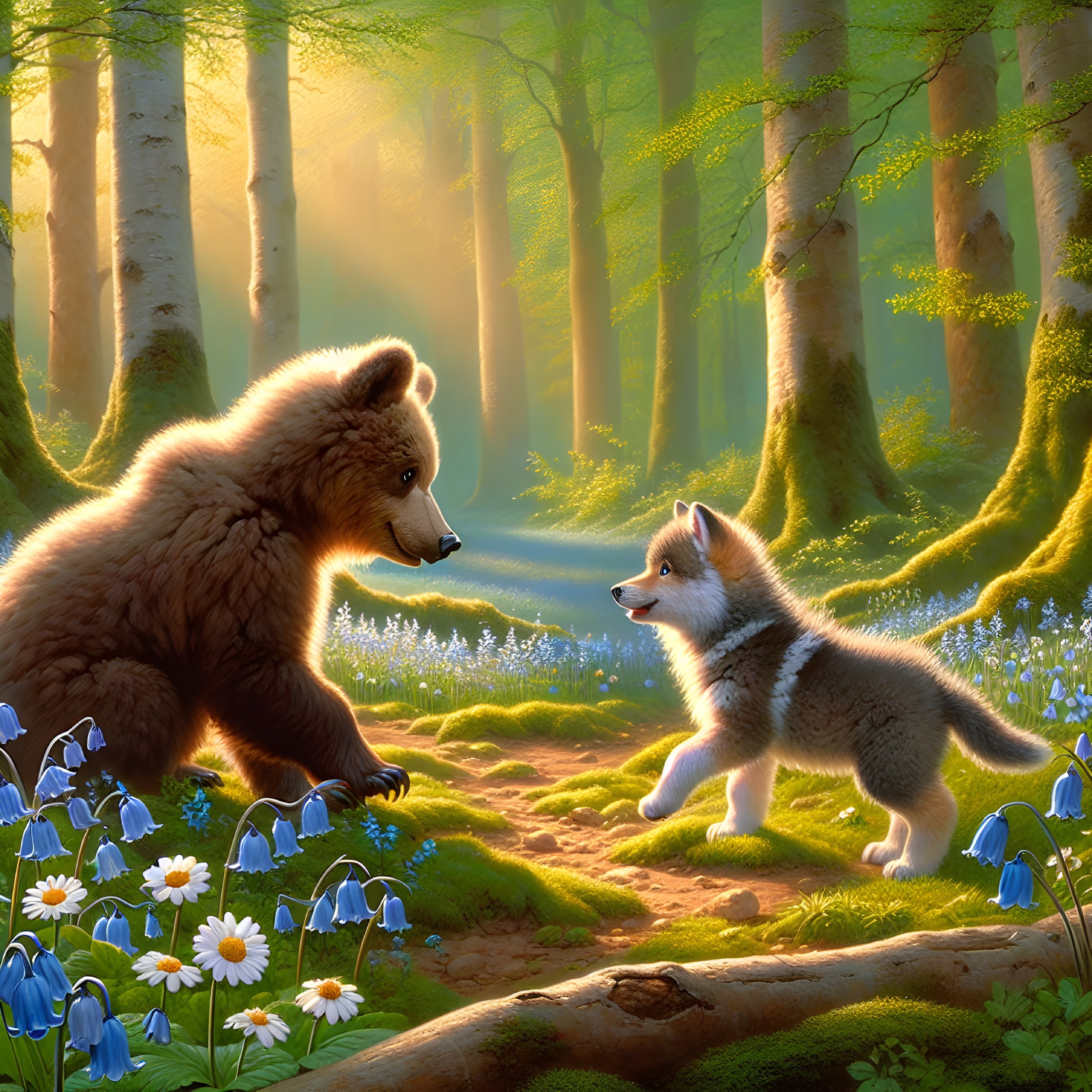Bear Cub and Wolf Puppy Meet in Sunlit Forest