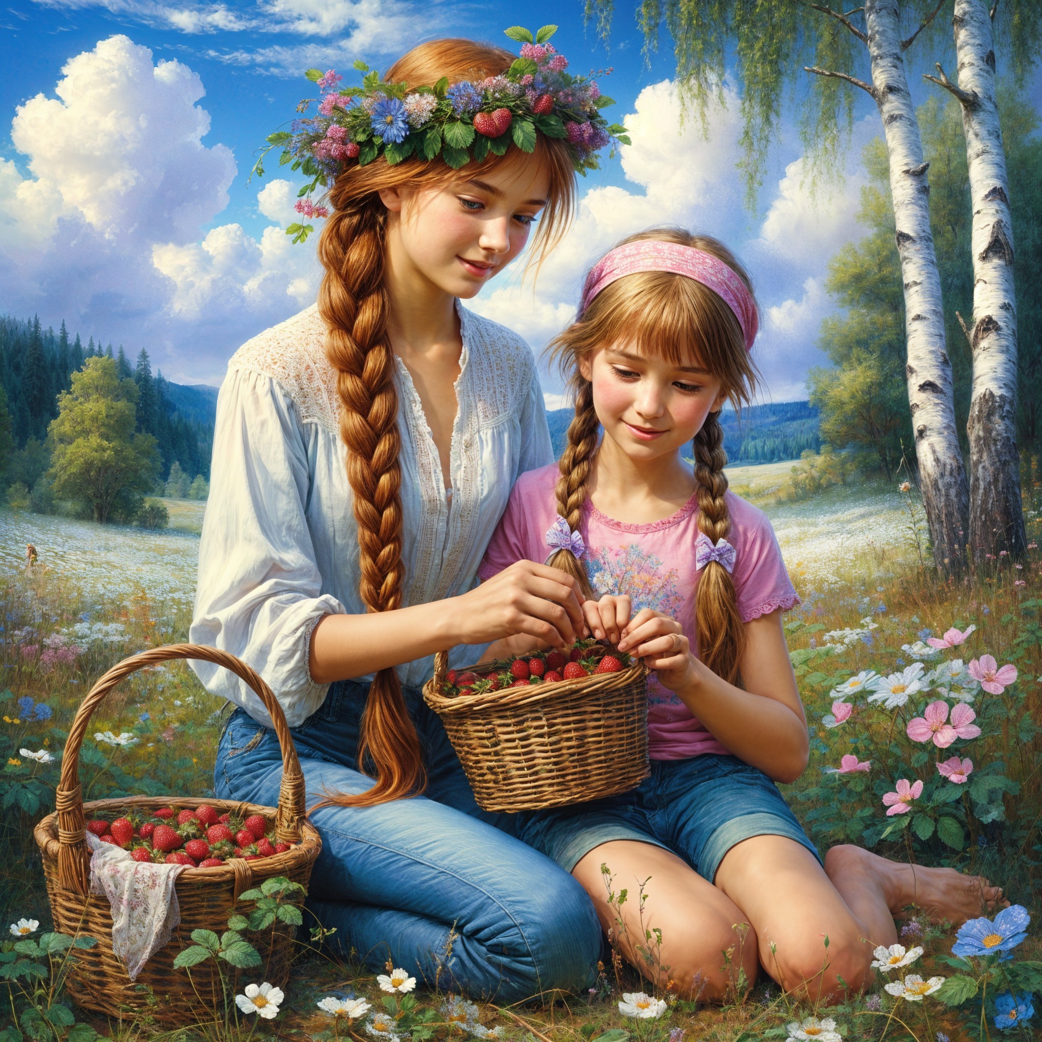 Girls Gathering Strawberries in a Sunny Meadow