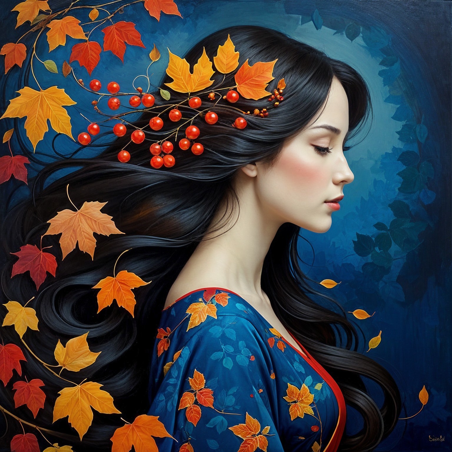 Profile of a Woman with Autumn Leaves and Blue Garment