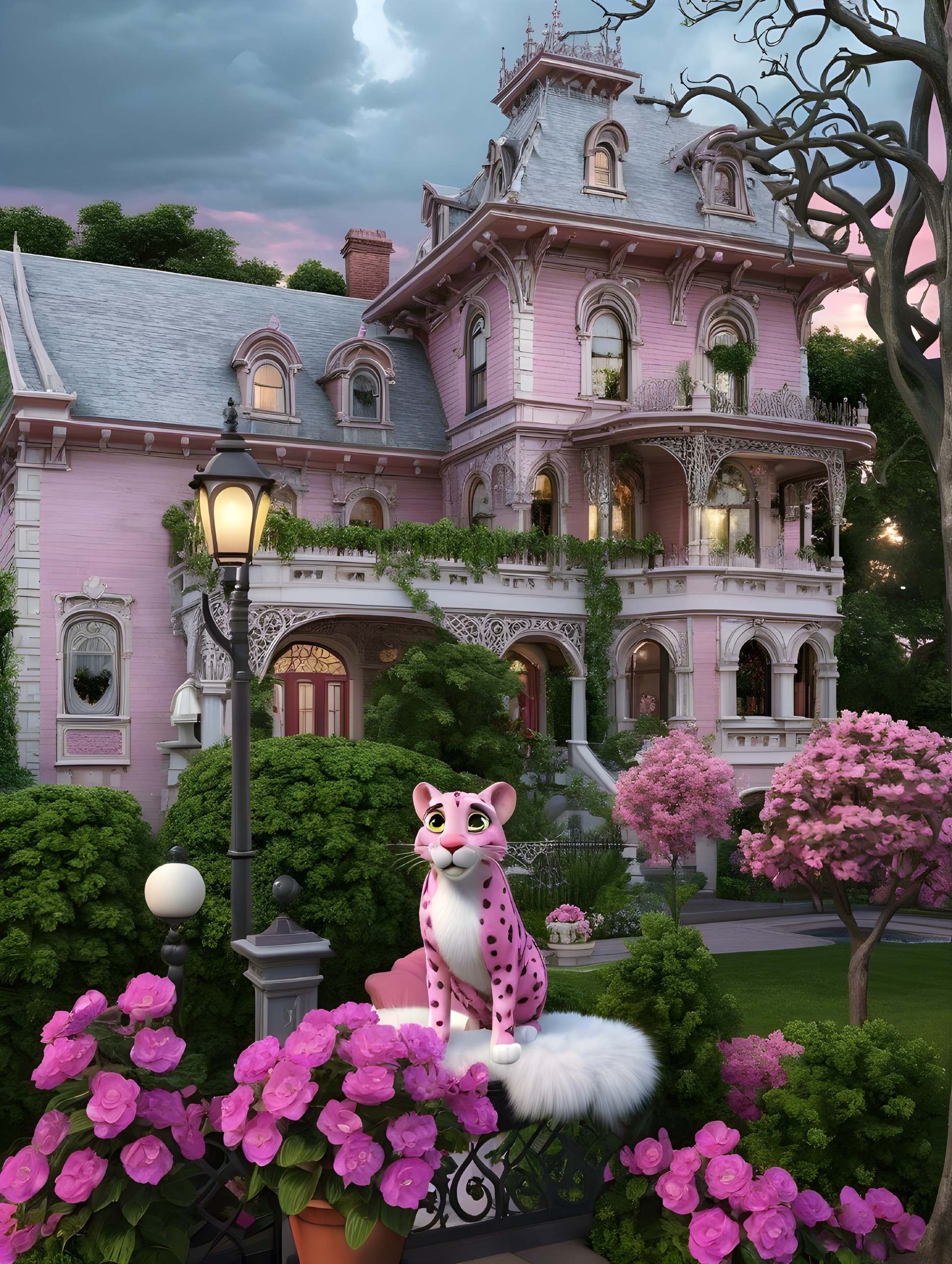Whimsical Pink Mansion Surrounded by Lush Greenery