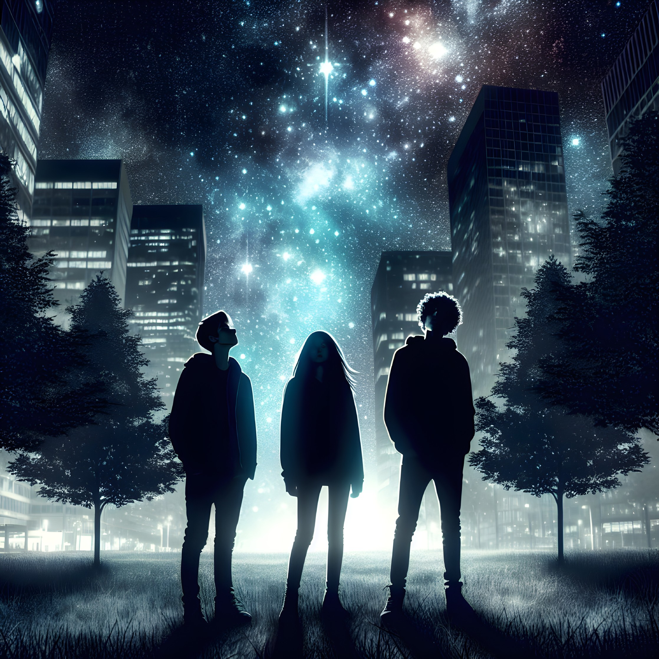 Futuristic Urban Scene with Silhouettes and Stars