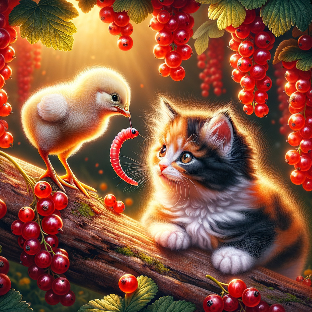 Fluffy Calico Kitten and Yellow Chick on a Branch