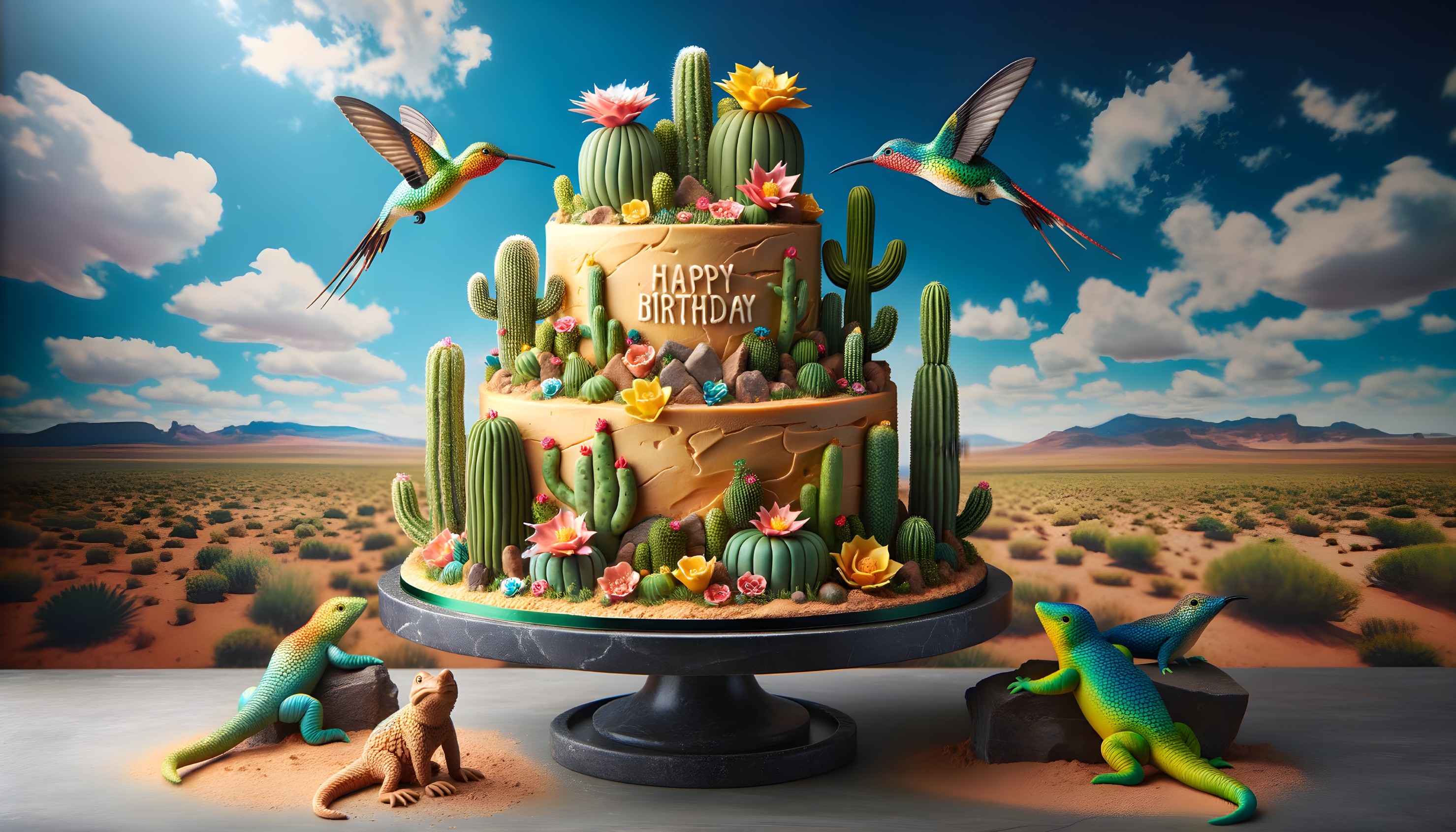 Vibrant Desert-Themed Birthday Cake with Cacti and Flora