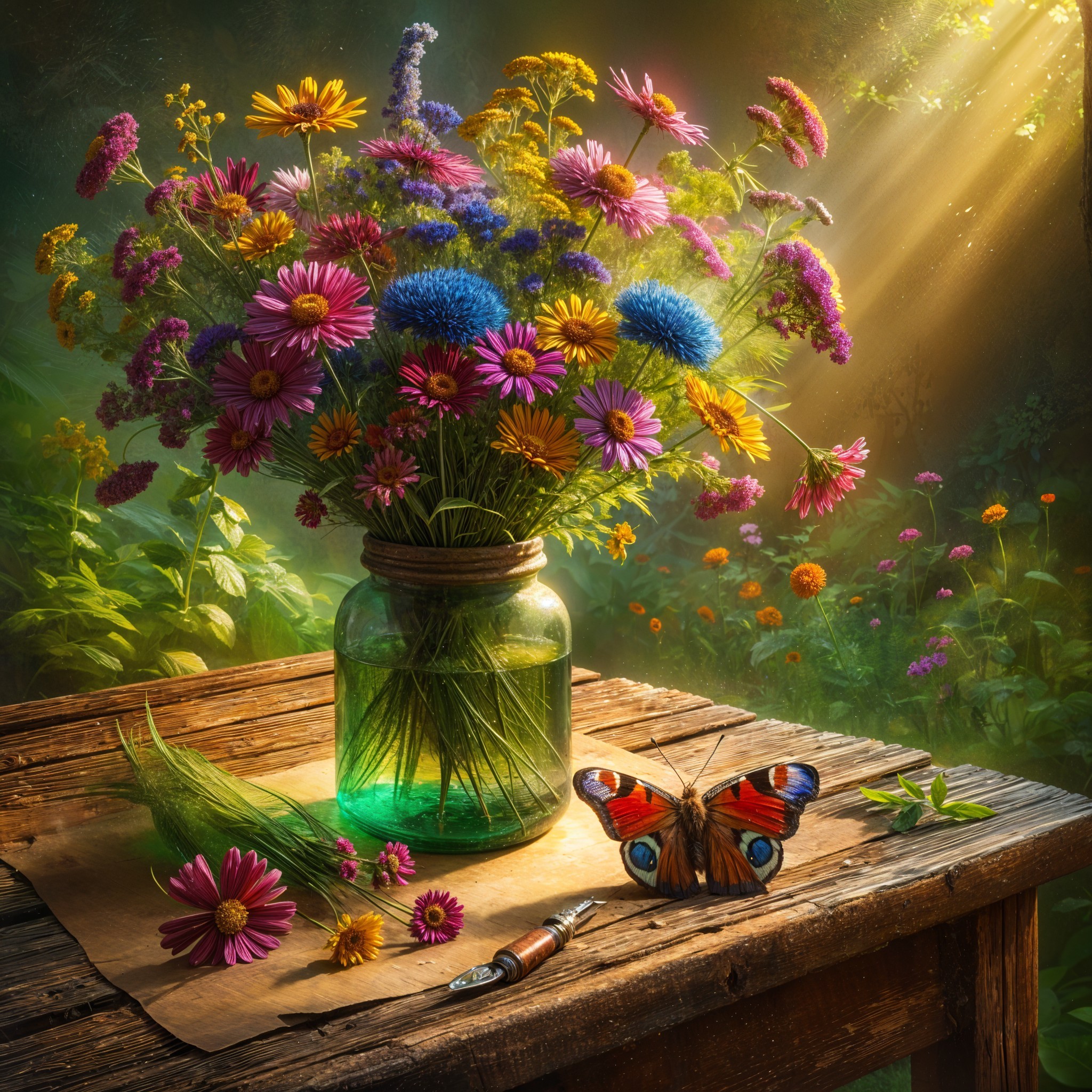Vibrant Wildflower Bouquet with Butterfly and Vintage Pen