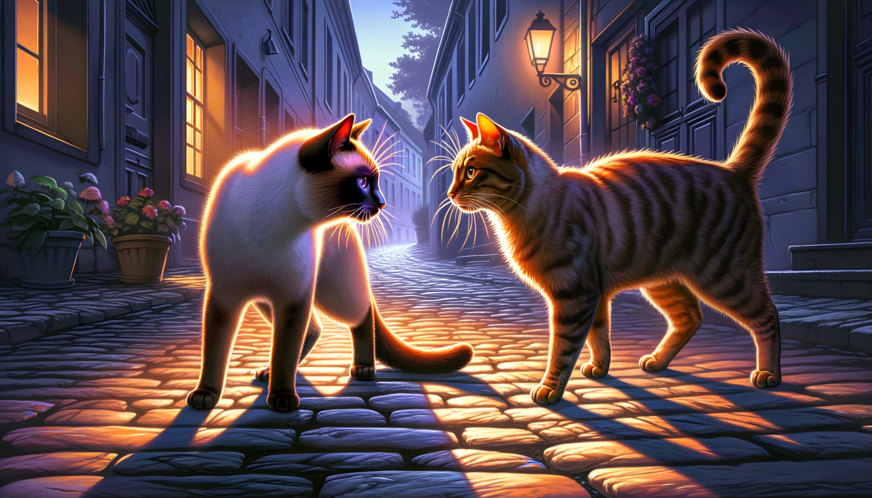 Siamese and Tabby Cats in Charming Cobblestone Alley