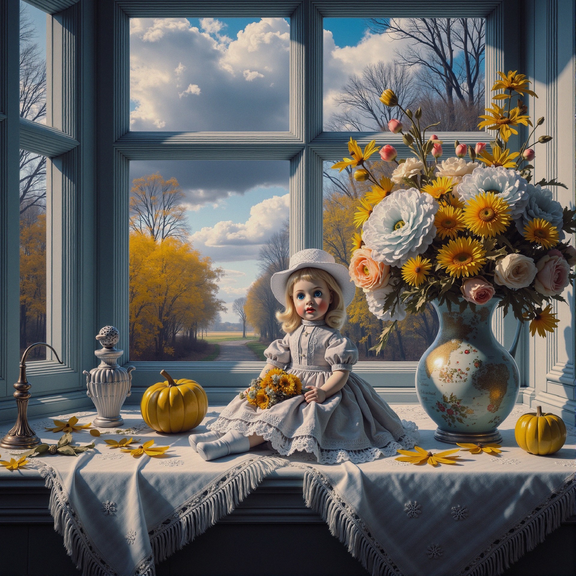 Autumn Scene with Vintage Doll and Floral Decor