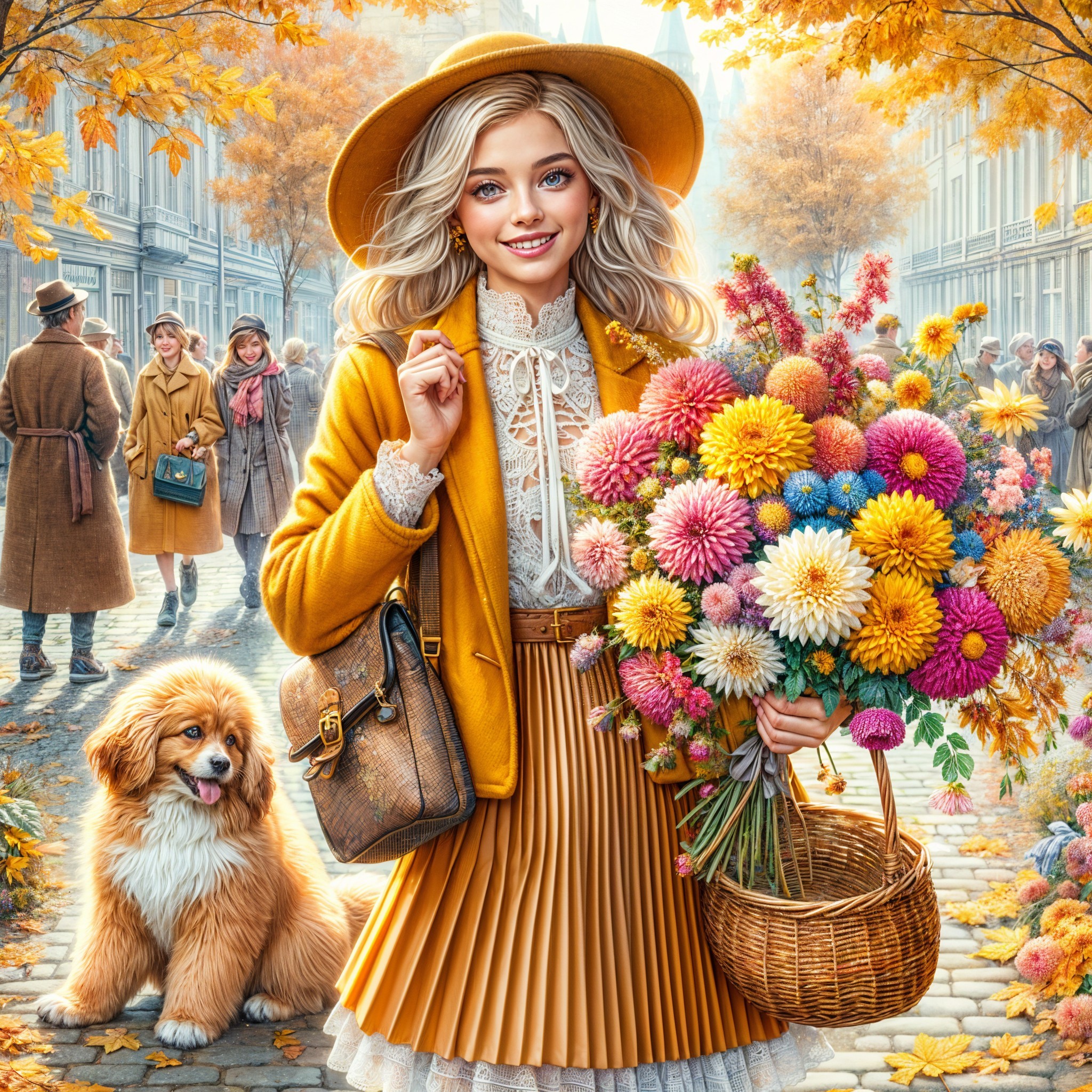 Young Woman with Flowers in Autumn Setting