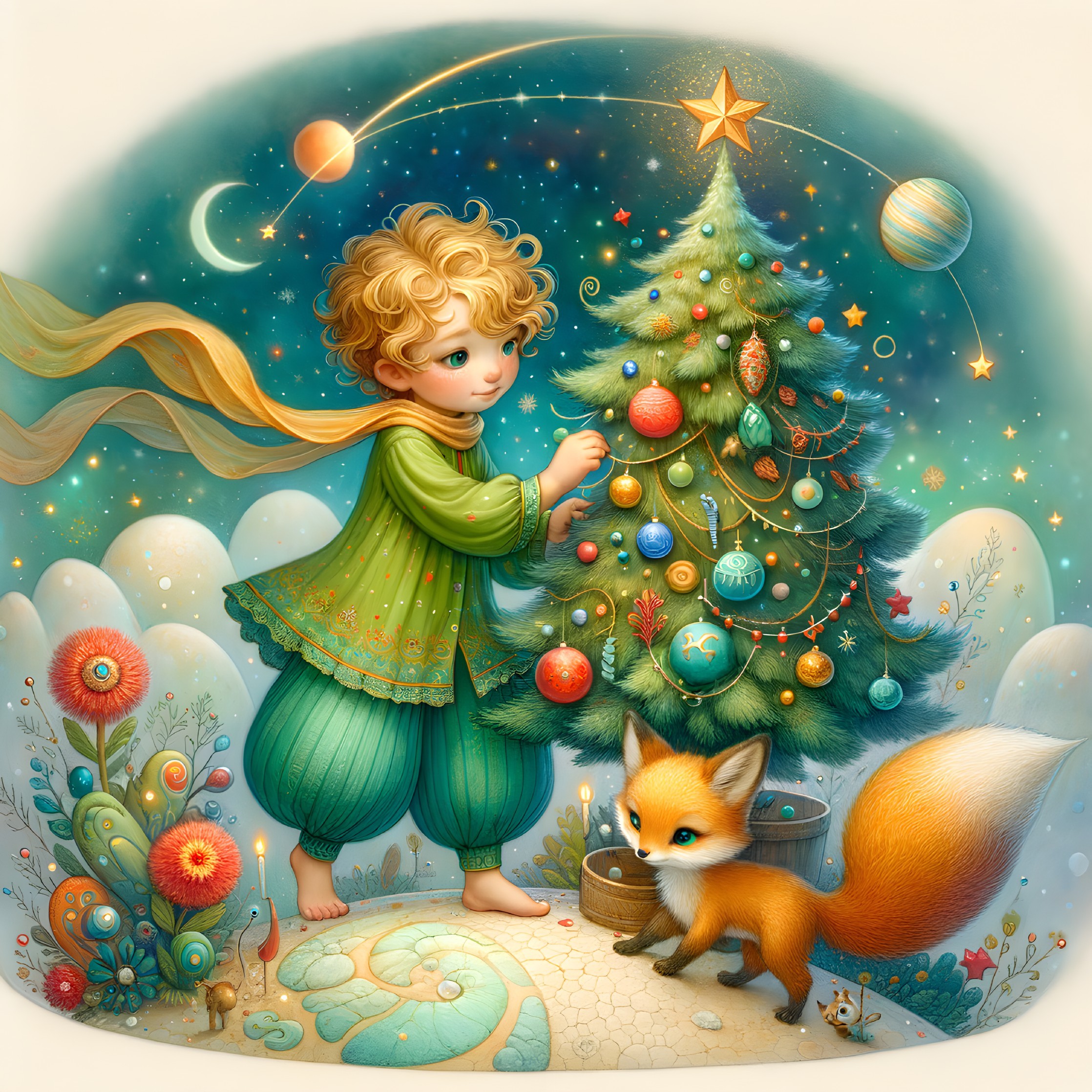 Child Decorating a Colorful Christmas Tree with Fox