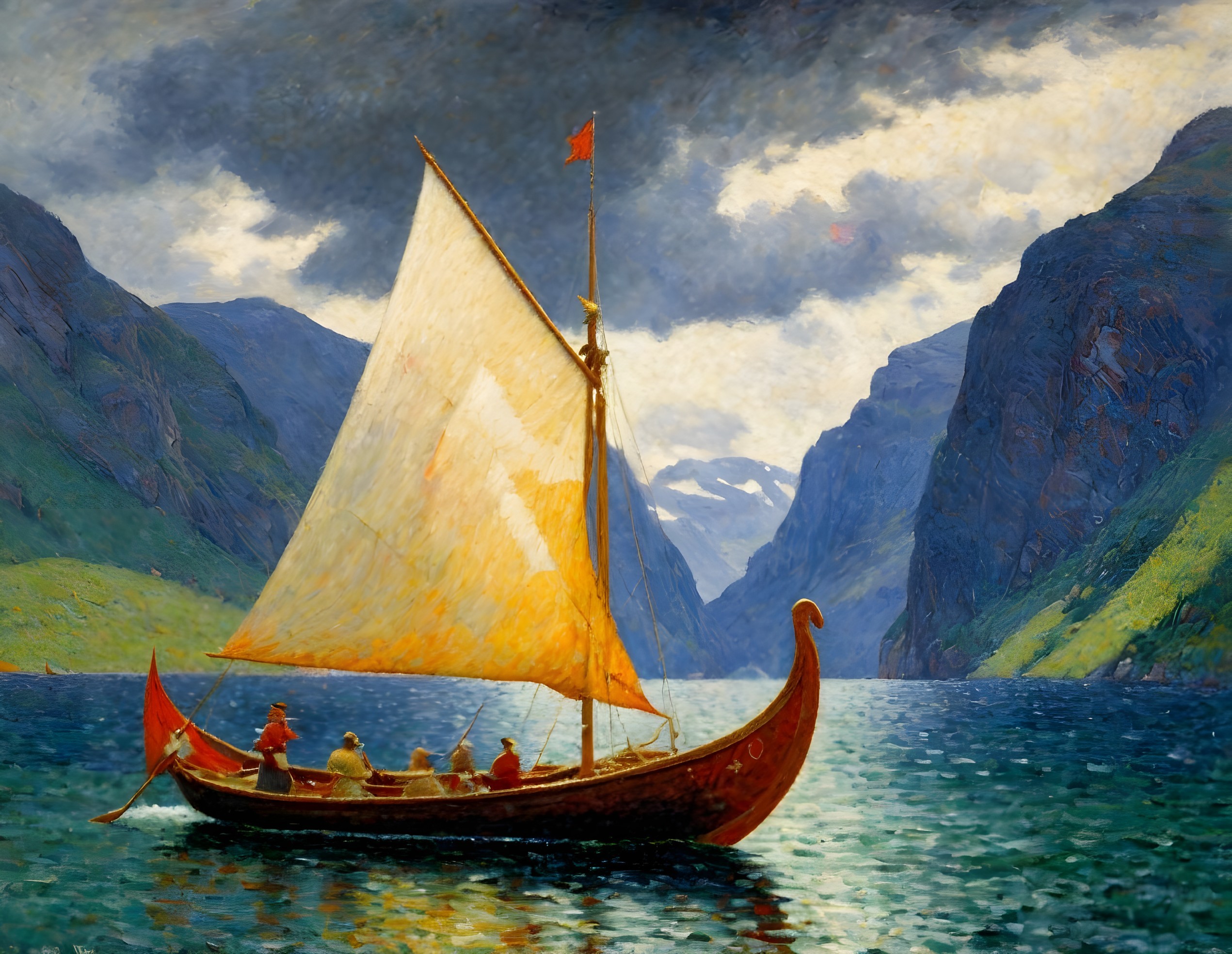 Sailing Boat in Serene Fjord with Lush Cliffs
