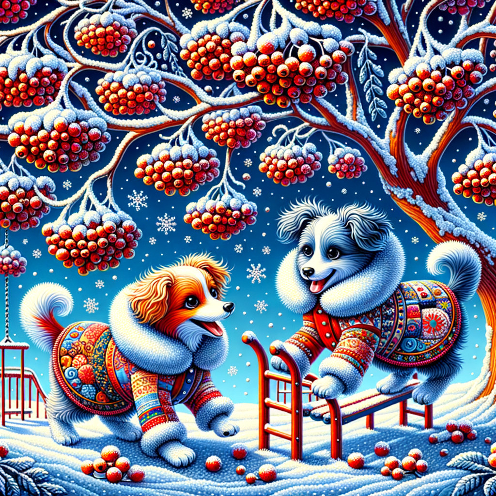 Playful Dogs in Snowy Landscape with Red Berries