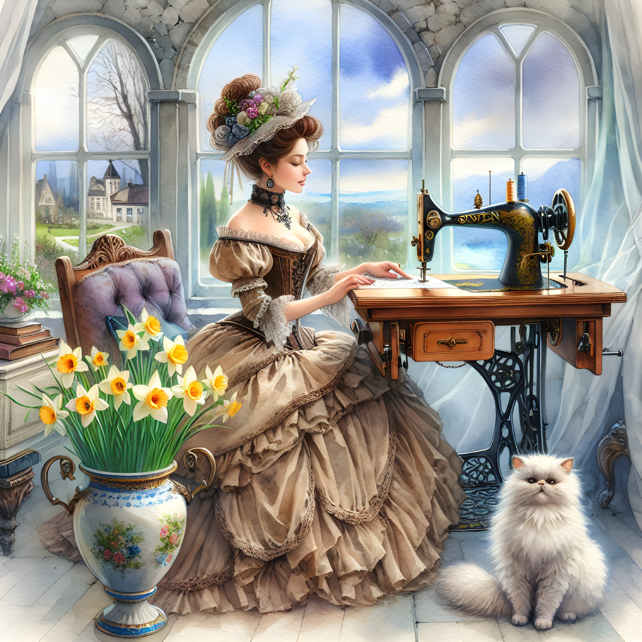 Woman in Vintage Gown at Sewing Machine with Cat